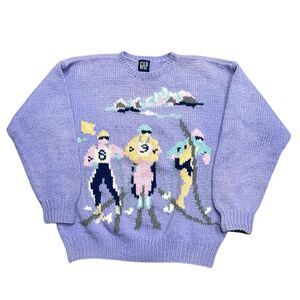 Vintage GAP Handknit Shetland Wool Skier Ski Print Pullover Sweater Women’s Sz L